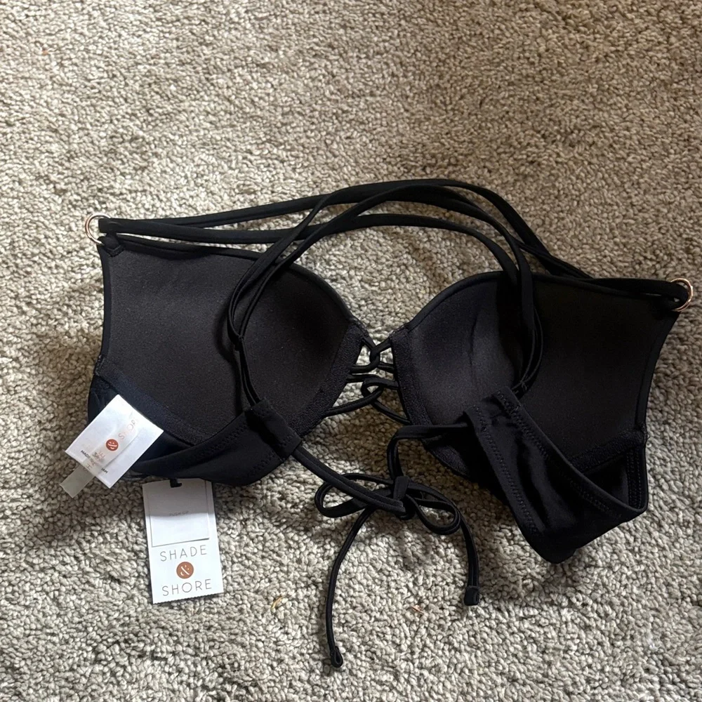 New Shade & Shore Black strappy crossover back swim bra size 34b